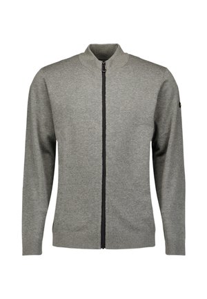 Grijze gebreide sweater met rits voor heren, met lange mouwen en ribbels aan de manchetten en onderkant, weergegeven op een witte achtergrond.