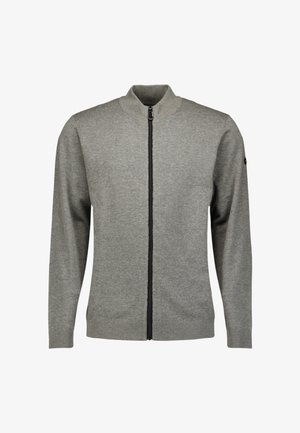 Grijze gebreide sweater met rits voor heren, met lange mouwen en ribbels aan de manchetten en onderkant, weergegeven op een witte achtergrond.