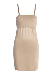 Beige slipdress met dunne straps, gemaakt van een gladde stof. Heeft een aansluitend lijfje en een rechte zoom, wat zorgt voor een naadloze silhouet.