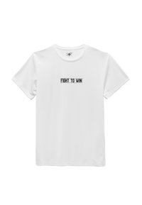 Witte sport t-shirt met korte mouwen en ronde hals, met in het zwart de tekst "FIGHT TO WIN" centraal op de borst.