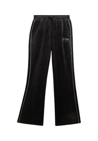 Zwarte velours broek met een wijd ben ontwerp, witte zijstrepen, elastische tailleband en voorzakken. Bevat een logo aan de linkerkant.