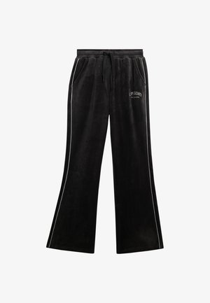 Pantaloni in velluto nero con design a gamba larga, strisce laterali bianche, vita elasticizzata e tasche anteriori. Presenta un logo sul lato sinistro.