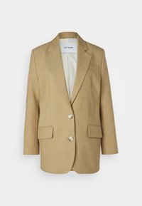 Beige sako se strukturovaným designem, jedním knoflíkem vpředu, dvěma nakládanými kapsami a dvěma velkými knoflíky; vyrobené z texturované tkaniny.