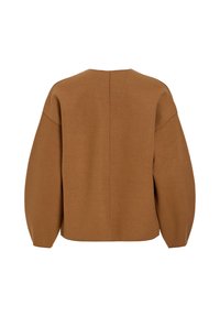 Καφέ, φαρδιά πουλοβερά μπλούζα με στρογγυλή λαιμόκοψη, ραμμένα ώμους κάτω και ριμπ μανσέτες. Λε ία υφή με ελάχιστες λεπτομέρειες ραφής.