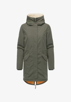Olivgrüner Parka mit einer mit Fell gefütterten Kapuze, Reißverschluss, zwei Fronttaschen und einem orangefarbenen Innenfutter. Verfügt über verstellbare Bündchen und Saum.