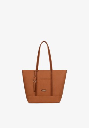 Borsa tote in pelle marrone con manici doppi lunghi, tasca frontale e etichetta decorativa appesa a un manico.