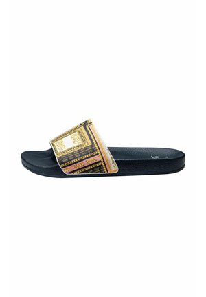 Slide sandal with a black textured sole and a patterned strap featuring gold, pink, and black designs. Flat design, open-toe style.