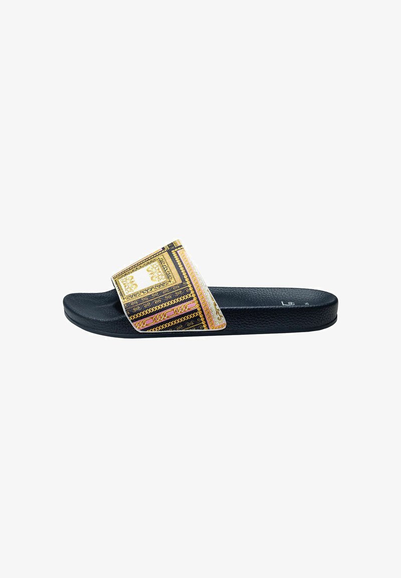 Slide sandal with a black textured sole and a patterned strap featuring gold, pink, and black designs. Flat design, open-toe style.
