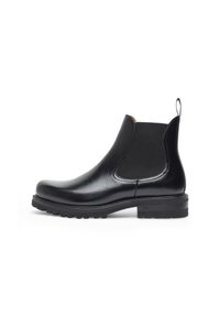 Stivale Chelsea in pelle nera con pannelli elastici laterali, punta tonda e suola texturizzata. Presenta una linguetta sul retro per una facile calzata.