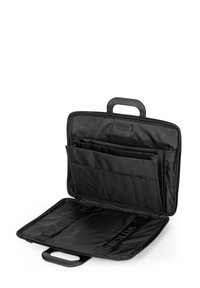 Bolsa de portátil negra con un asa, que cuenta con un cierre con cremallera, múltiples bolsillos interiores y un forro de tela texturizada.