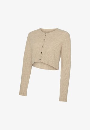 Cardigan court côtelé beige avec un col rond, fermeture à sept boutons, manches longues et un tissu texturé.