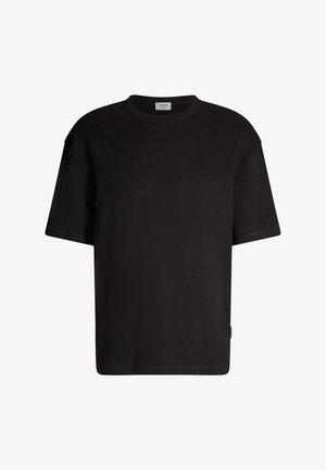 Schwarzes kurzärmeliges T-Shirt aus Baumwolle. Mit Rundhalsausschnitt und lockerem Schnitt, an der Seite befindet sich ein kleines Markenzeichen. Schlichtes Design, ohne Muster.