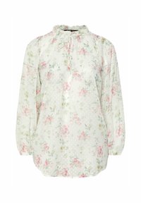Blusa floreale con maniche lunghe, colletto alto, chiusura con cordino, base verde chiaro, fiori rosa sparsi e motivo a pois bianchi.