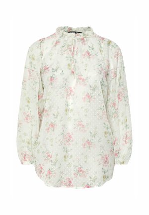 Floral blouse with long sleeves, high neck, drawstring closure, light green base, scattered pink flowers, and white polka dot pattern.