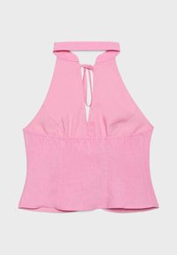 Haut rose sans manches à col licou, avec une découpe en forme de trou de serrure à l'avant et une fermeture à nouer au niveau du col, confectionné en tissu léger.