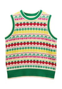 Ärmellose Strickweste mit grünem geripptem Kragen. Ausgestattet mit einem mehrfarbigen Muster mit Erdbeeren, Ananas und Kirschen.