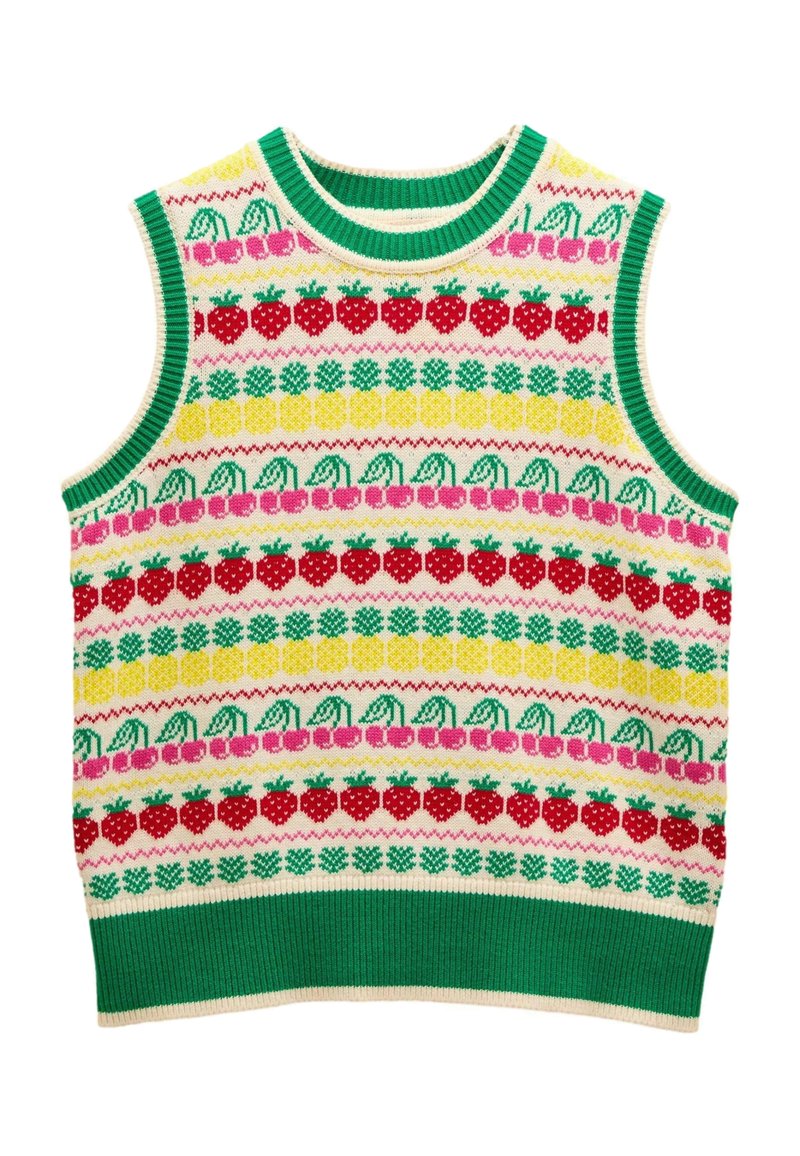 Ärmellose Strickweste mit grünem geripptem Kragen. Ausgestattet mit einem mehrfarbigen Muster mit Erdbeeren, Ananas und Kirschen.