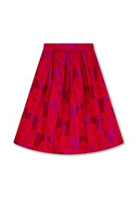 Rode geplooide rok van glanzende stof met een bloemmotief in verschillende tinten rood. De tailleband is textuur en aansluitend.