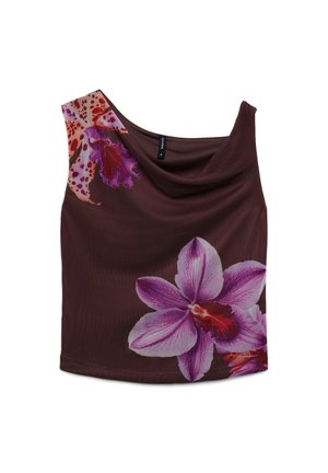 Asymmetrical brown sleeveless top with large pink and red orchid floral prints on front and shoulder.