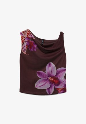 Asymmetrical brown sleeveless top with large pink and red orchid floral prints on front and shoulder.