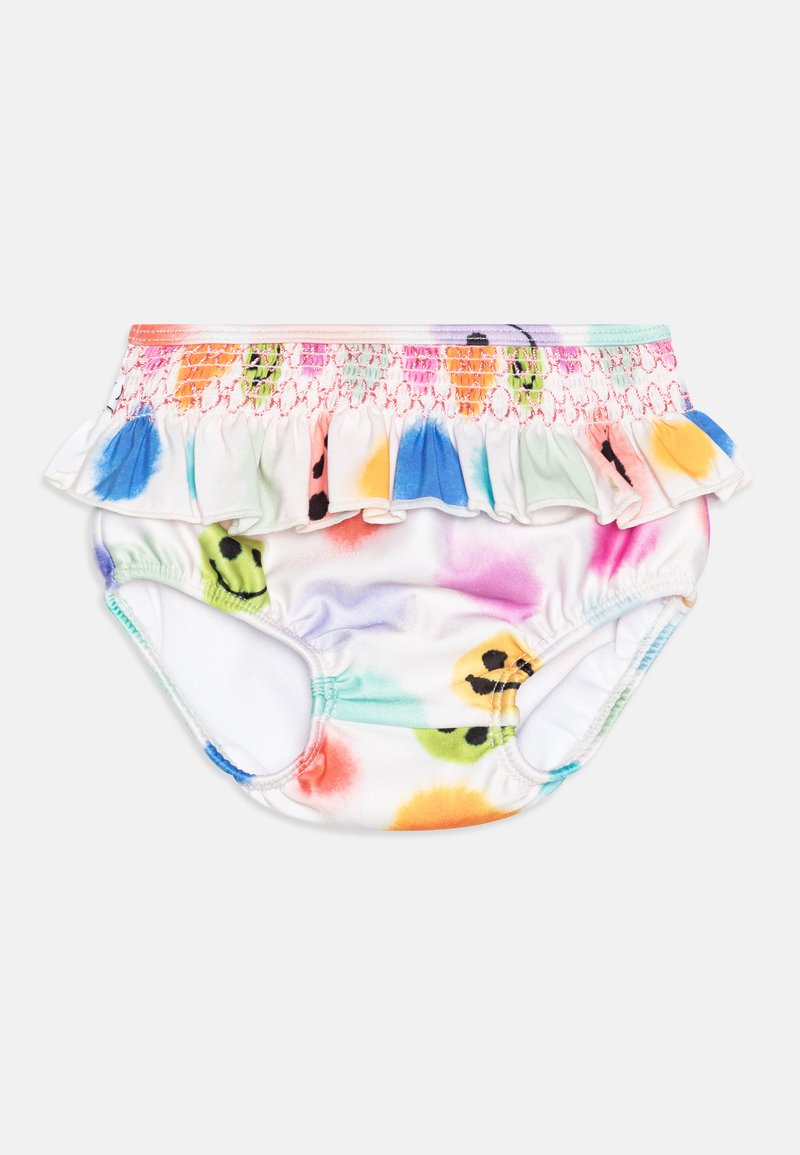 Colorful swim bottom with a ruffled top. Features a tie-dye pattern in pink, blue, and green, with a smocked waistband and elastic edges.