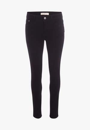 Jeans skinny neri realizzati in cotone elasticizzato, con chiusura anteriore a bottone, passanti per la cintura e due tasche frontali a taglio ristretto.