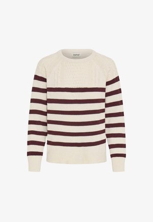 Pulover crem cu dungi orizontale bordeaux, corp texturat din tricot, guler rotund și manșete și tiv crotșate. Design confortabil și casual.