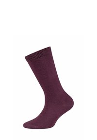 Burgunderfarbene Baumwollsocken mit einem gerippten oberen Teil, glatter Textur und einer standardmäßigen Fußform. Eignen sich für die Freizeit.