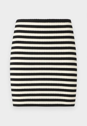 Black and white striped ribbed skirt with a fitted design. The alternating stripes are of equal width, with a wide waistband at the top.