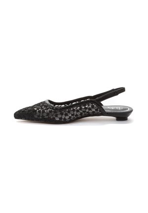 Black lace slingback flat shoes with a pointed toe, subtle heel, and an open back. The material features a floral pattern and smooth accents.