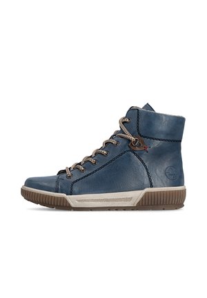 Blue leather high-top sneaker with beige and brown sole, patterned laces, and visible stitching on a white background.