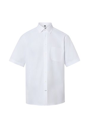 Weißes Kurzarmhemd mit Knopfleiste, einer einzelnen Brusttasche und klassischem Kragen, vor einem weißen Hintergrund präsentiert.