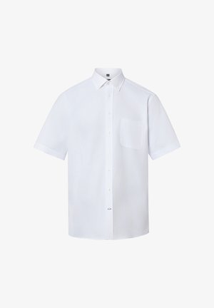 Weißes Kurzarmhemd mit Knopfleiste, einer einzelnen Brusttasche und klassischem Kragen, vor einem weißen Hintergrund präsentiert.