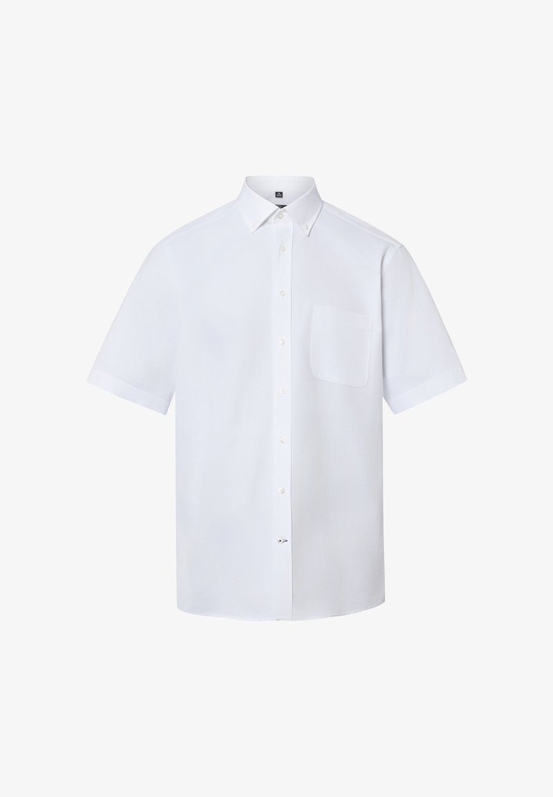 Chemise blanche à manches courtes avec boutons, une poche poitrine unique et un col classique, présentée sur un fond blanc uni.