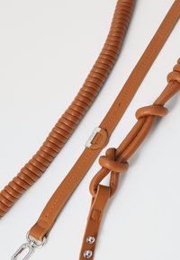 Due guinzagli per cani in pelle marrone: uno arrotolato con una superficie liscia e l'altro piatto con un dettaglio a nodo e accessori in argento.