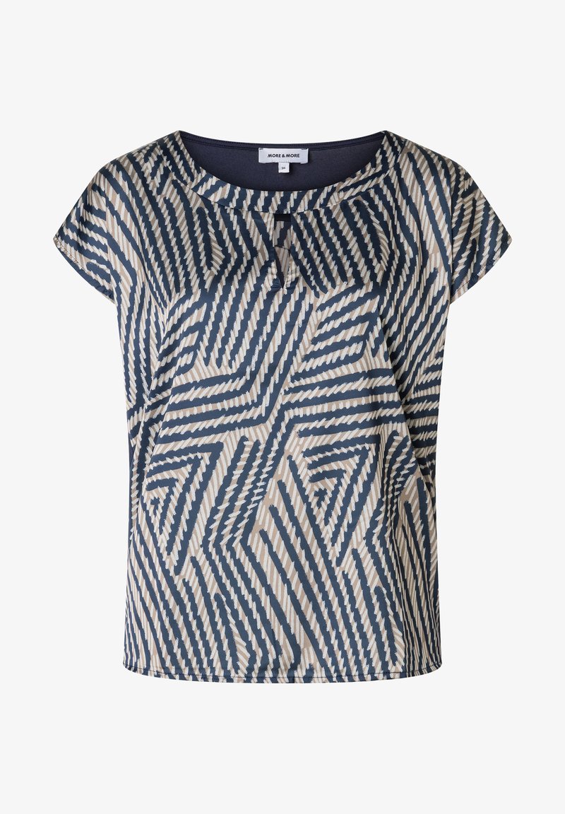 Haut à manches courtes avec un motif géométrique en marine et beige. Fabriqué en tissu léger avec une coupe décontractée et un col rond.