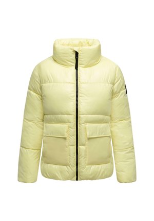 Giacca imbottita di un giallo chiaro con colletto alto, zip frontale, due ampi taschini e una texture liscia e lucida. Dettagli della zip neri.