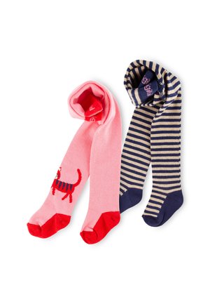 Zwei Paare Kinderstrumpfhosen: Eine pinke mit einem roten und blauen Katzenmuster, die andere navyblau mit beigen Streifen.