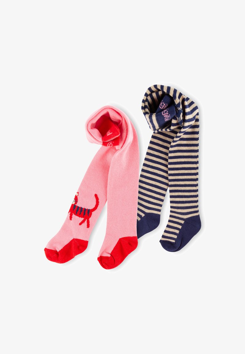 Zwei Paare Kinderstrumpfhosen: Eine pinke mit einem roten und blauen Katzenmuster, die andere navyblau mit beigen Streifen.