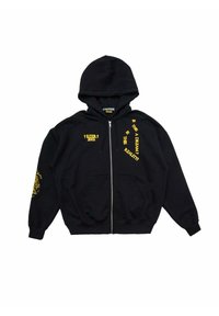 Felpa nera con zip e cappuccio, con testo e grafiche stampate di colore giallo. Maniche lunghe e tasche frontali, realizzata in tessuto morbido.