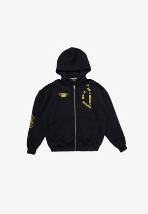 Felpa nera con zip e cappuccio, con testo e grafiche stampate di colore giallo. Maniche lunghe e tasche frontali, realizzata in tessuto morbido.