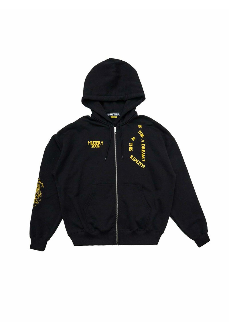 Felpa nera con zip e cappuccio, con testo e grafiche stampate di colore giallo. Maniche lunghe e tasche frontali, realizzata in tessuto morbido.