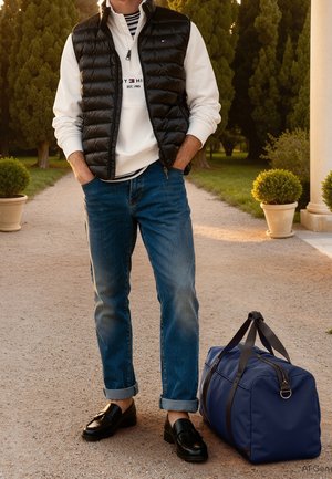 Mann steht auf einem Kiesweg, trägt einen weißen Hoodie, eine schwarze Steppweste, blaue hochgekrempelte Jeans, schwarze Loafers, mit einer blauen Sporttasche auf dem Boden.