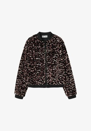 Črna bomberska jakna, prekrita s srebrnimi in roza bleščicami, z zadrgo na sprednji strani ter rebrastimi manšeti in robom. Mehka, teksturirana površina.