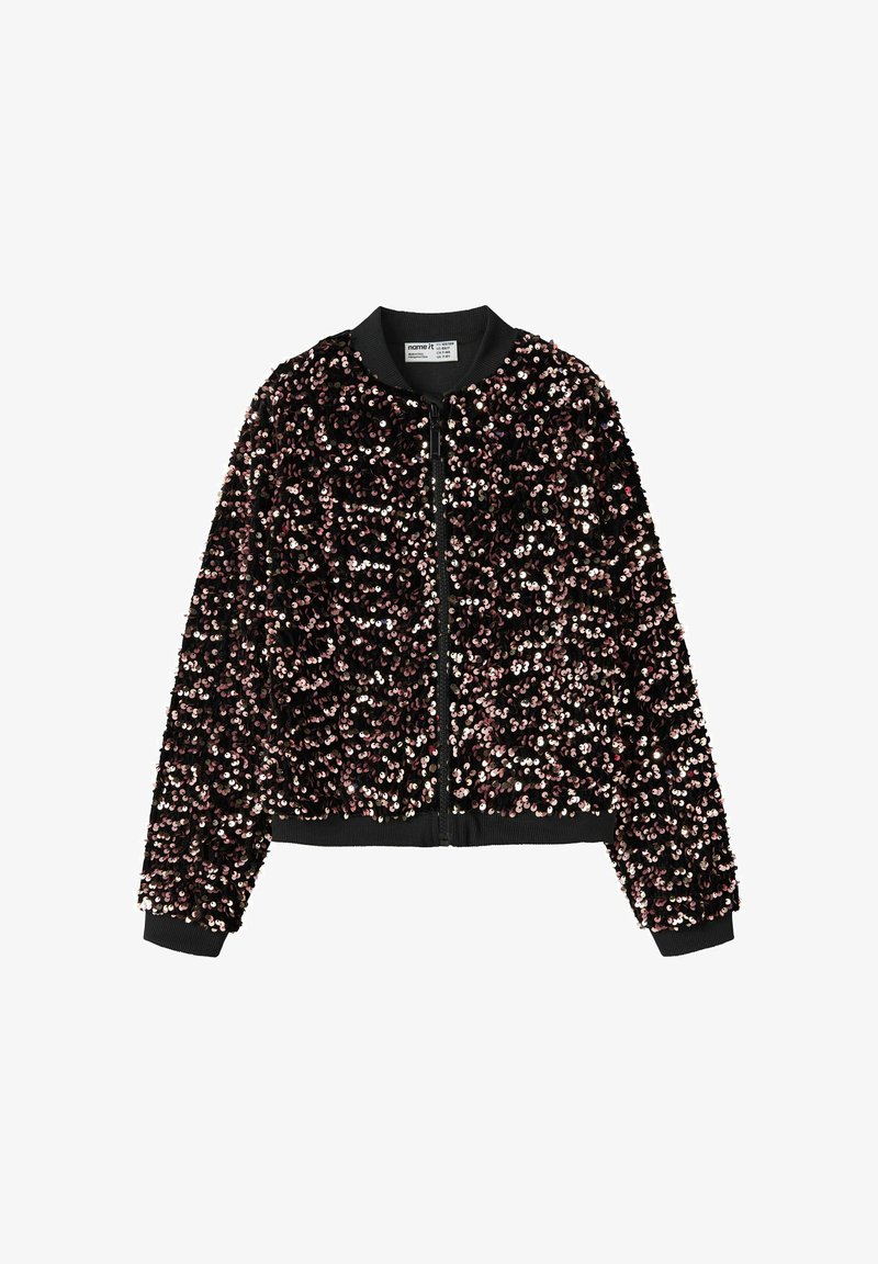 Must musta jakk, mis on kaetud roosa ja hõbedase sädeleva materjaliga, esiküljel lukuga ja ribitud mansettide ning alumise servaga. Pehme, tekstuuriga viimistlus.