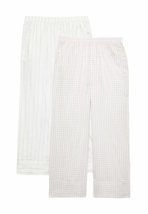 Due paia di pantaloni del pigiama larghi, uno con sottili righe verticali e l’altro con un motivo a quadretti chiaro, entrambi con elasticizzato in vita.