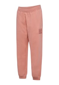 Miękkie różowe spodnie dresowe z polaru z elastycznym pasem i ściągaczami, z małą tłoczoną naszywką z logo na lewym udzie.