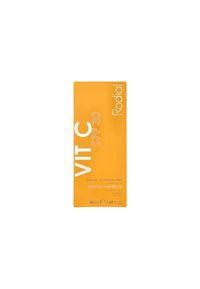 Leuchtend orangefarbene Verpackung für die Rodial VIT C SPF 30 Feuchtigkeitscreme, mit großen weißen Schriftzügen und einer detaillierten Produktbeschreibung. Größe 50 ml.