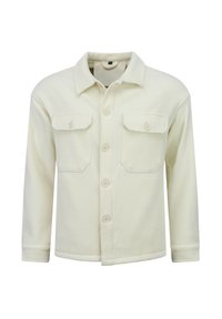 Lichtbeige overhemdjack van ribstof, met twee borstzakken, een kraag en lange mouwen.