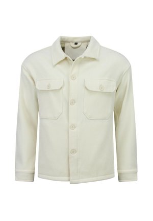 Lichtbeige overhemdjack van ribstof, met twee borstzakken, een kraag en lange mouwen.